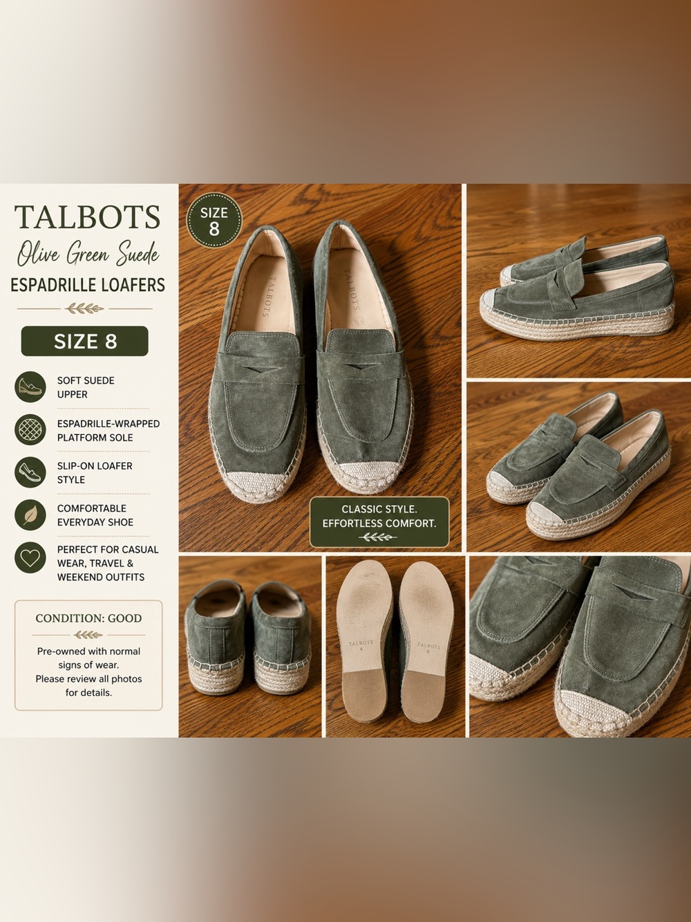 Talbots Olive Green Suede Espadrille Loafers Size 8 Women’s Platform Slip-On